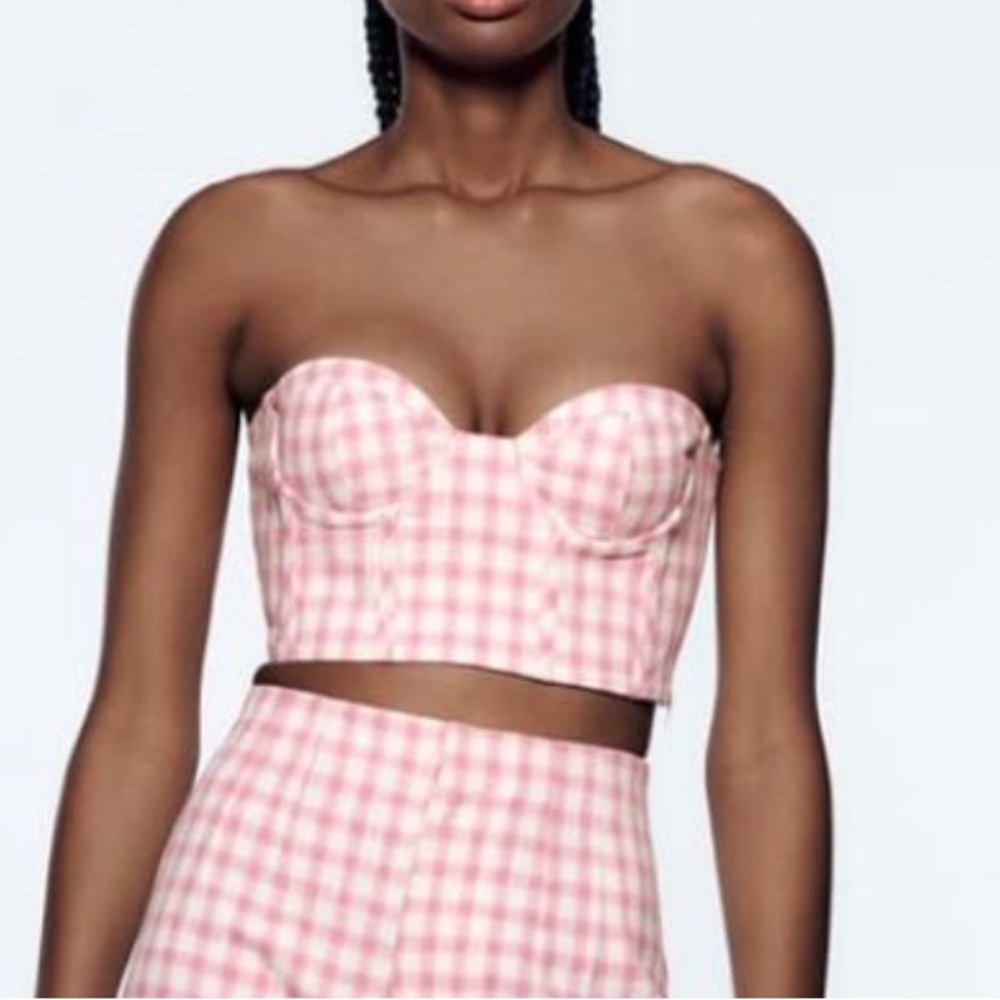ZARA Pink and White Gingham Bustier Strapless